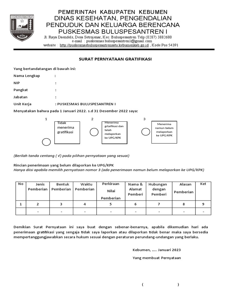 Surat Pernyataan Gratifikasi 2023 | PDF
