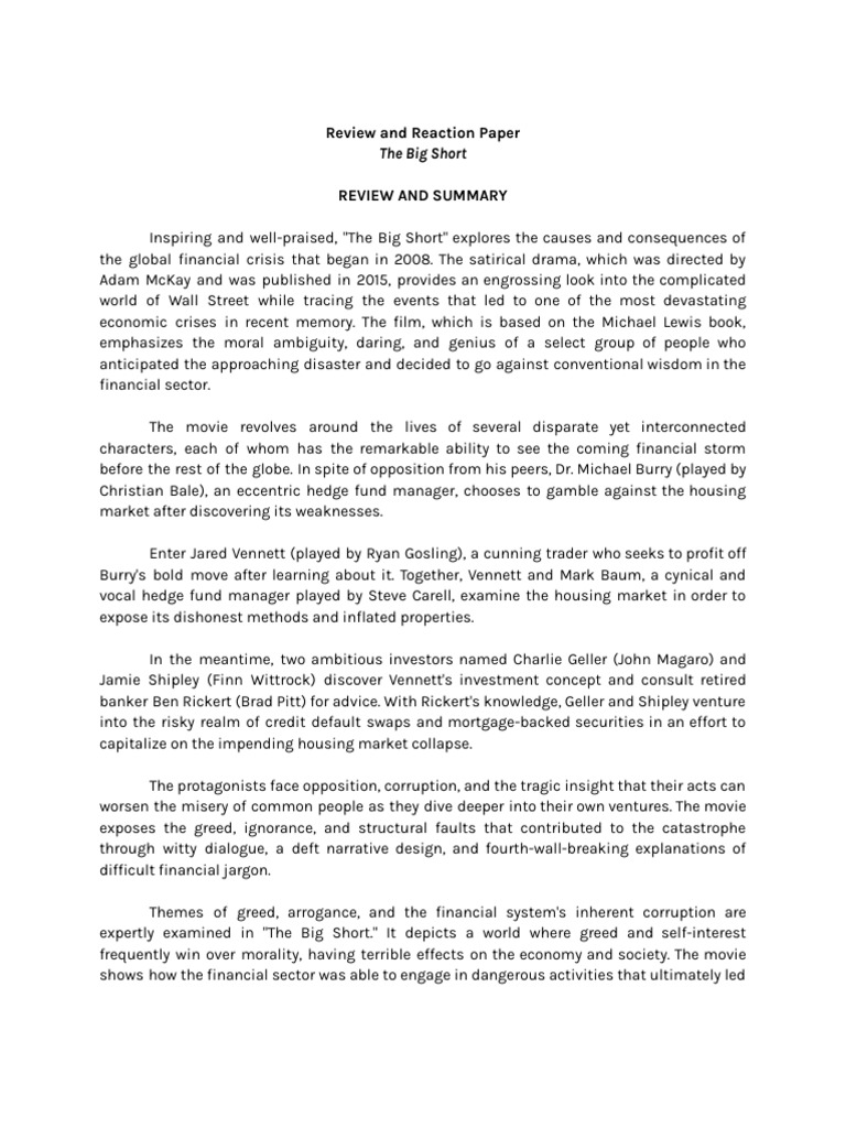 BA 101 The Big Short Movie Review PDF