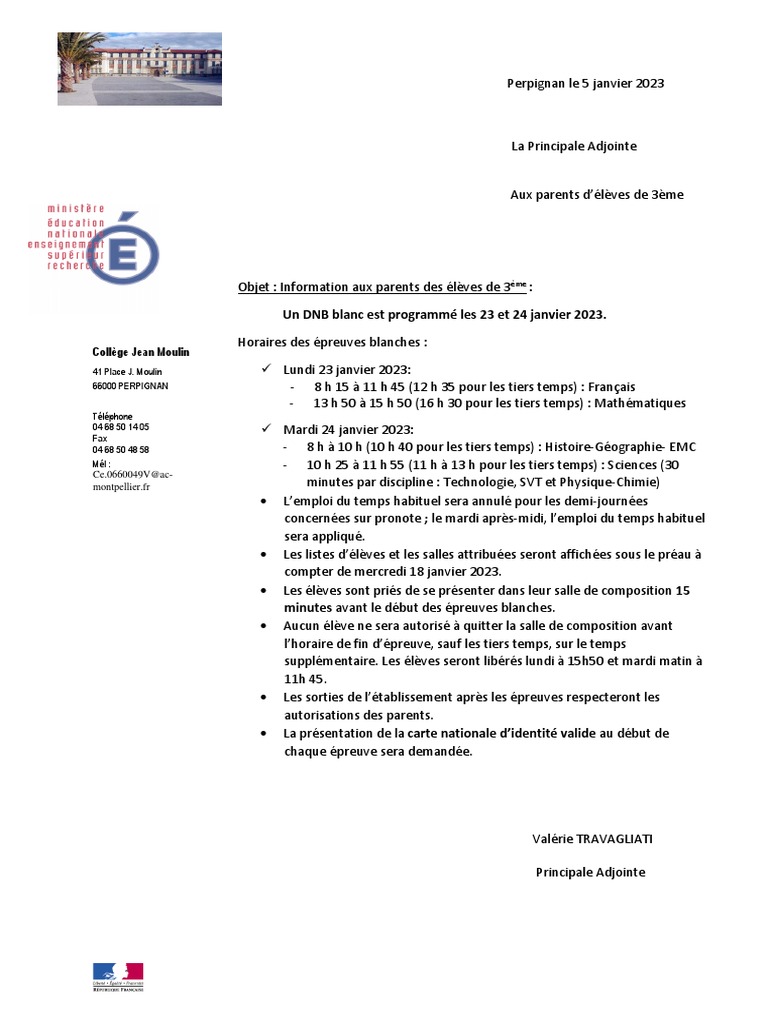 DNB blanc 3ème : Infos et horaires 2023 | PDF