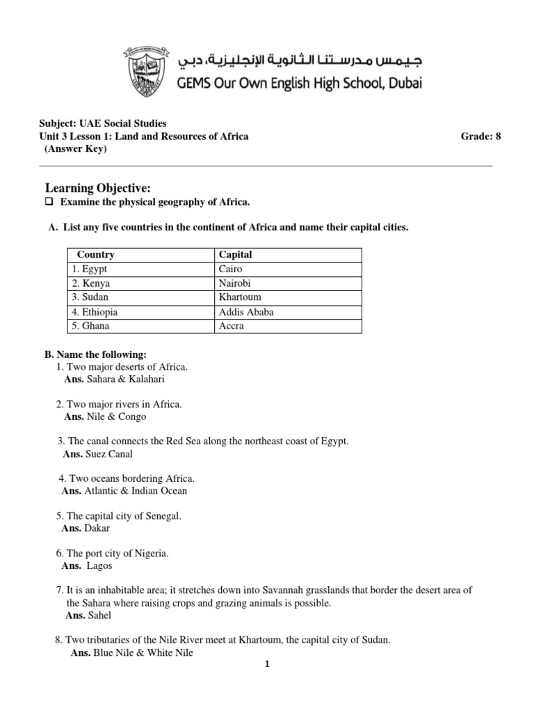 Lesson 1Land and Resources of Africa Answer Key PDF Africa Nile