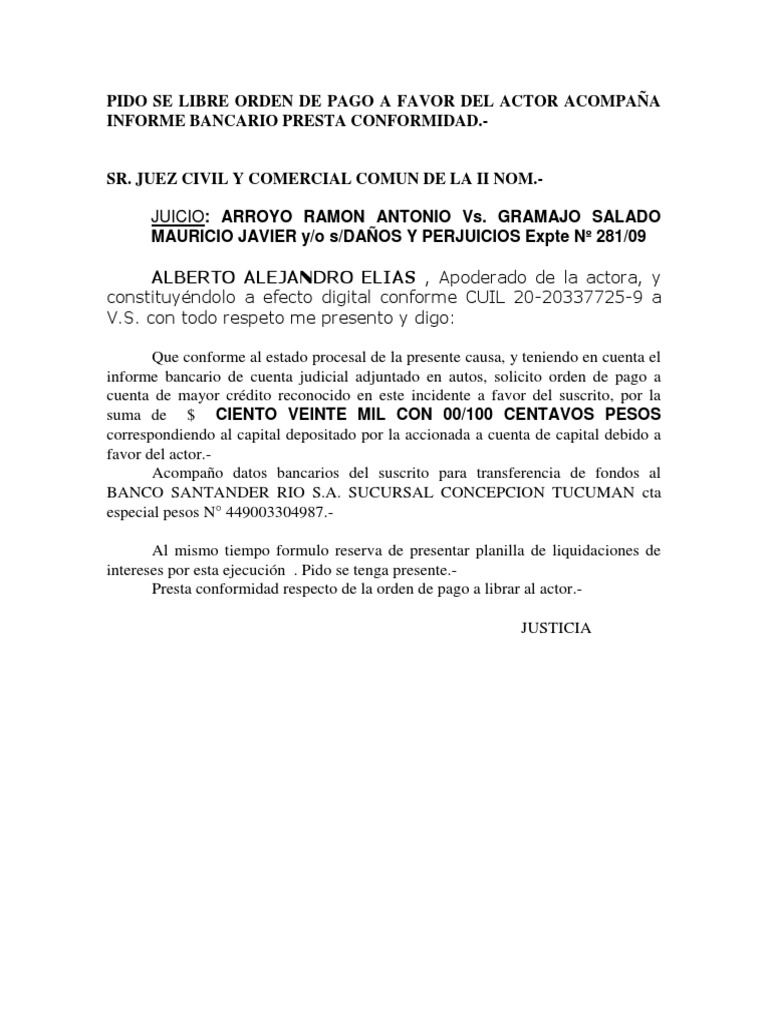Solicitud de Orden de Pago Judicial | PDF | Finanzas y dinero ...