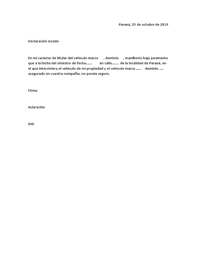 Modelo de Declaracion de No Seguro | PDF