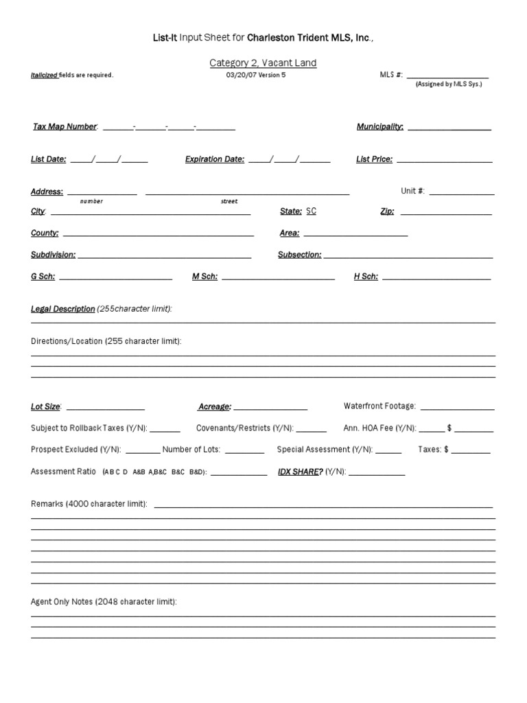 Charleston MLS Vacant Land Input Form | PDF | Charleston | Real Estate Law