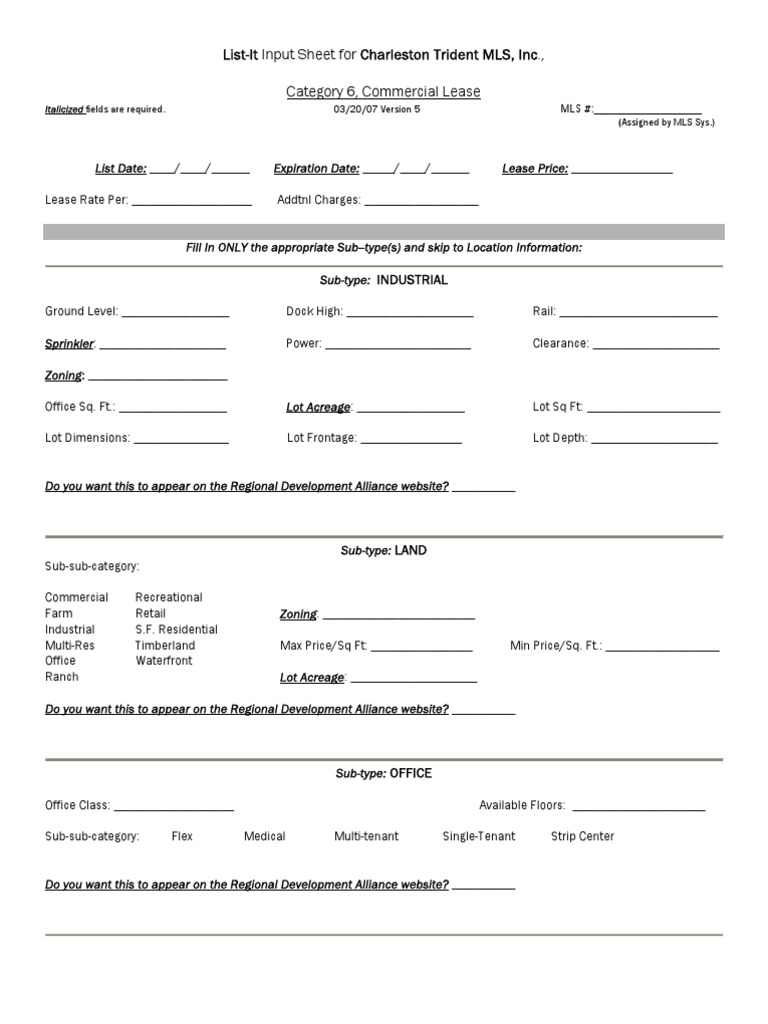 Charleston Trident MLS Lease Input Sheet | PDF | Shopping Mall | Retail