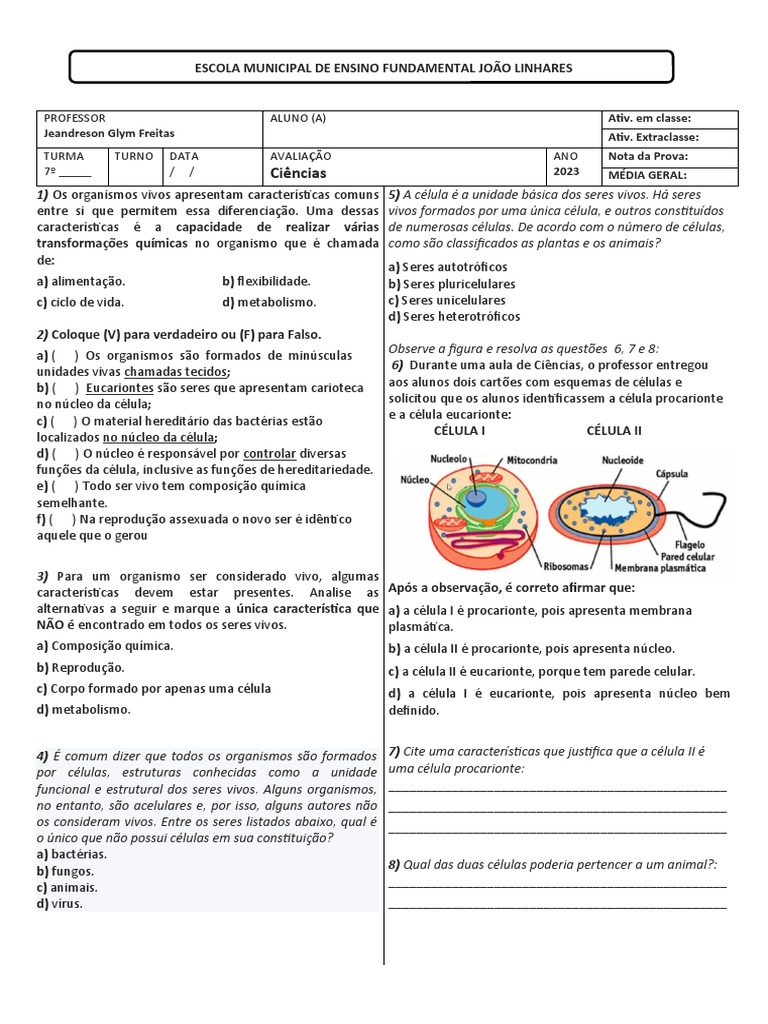Prova de Ciências - 7º Ano: Células e Seres Vivos | PDF | Organismos ...