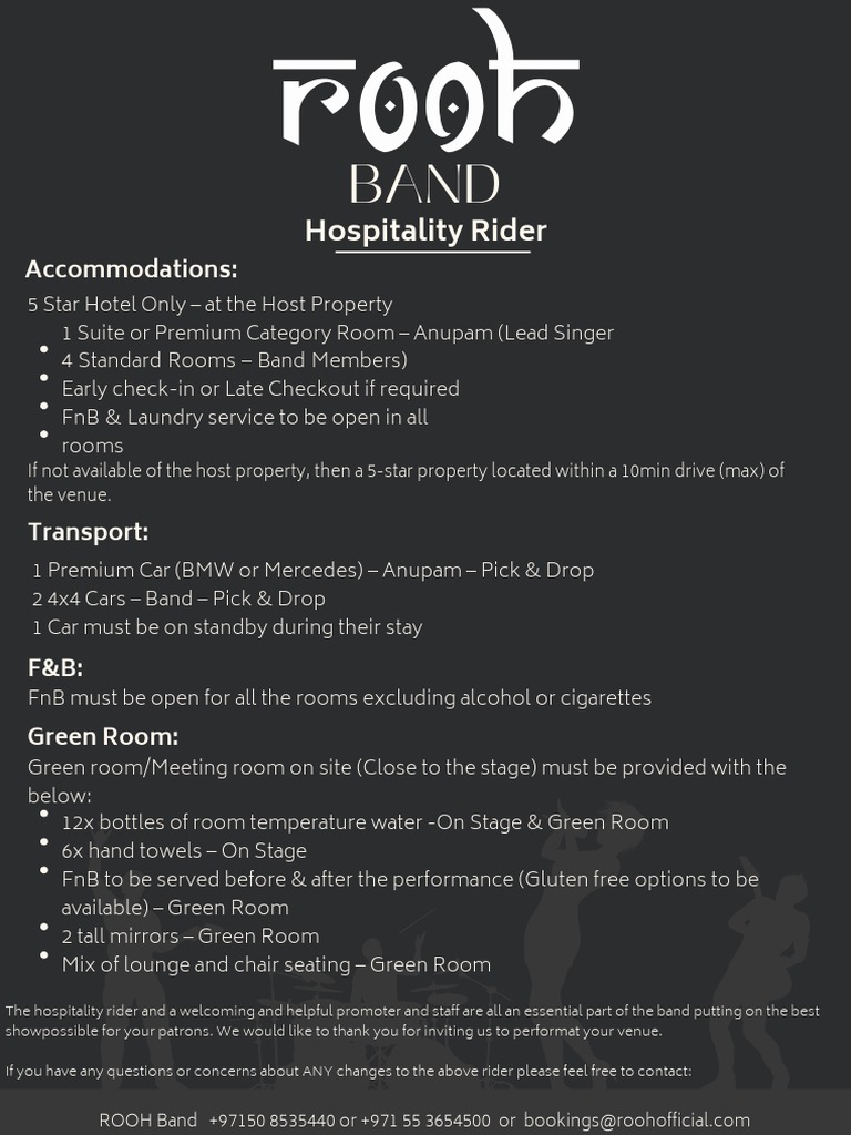 ROOH Band Hospitality Rider Guide | PDF