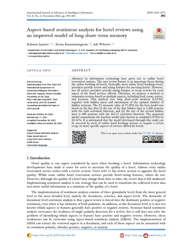 Aspect based sentiment analysis for hotel reviews using an improved
