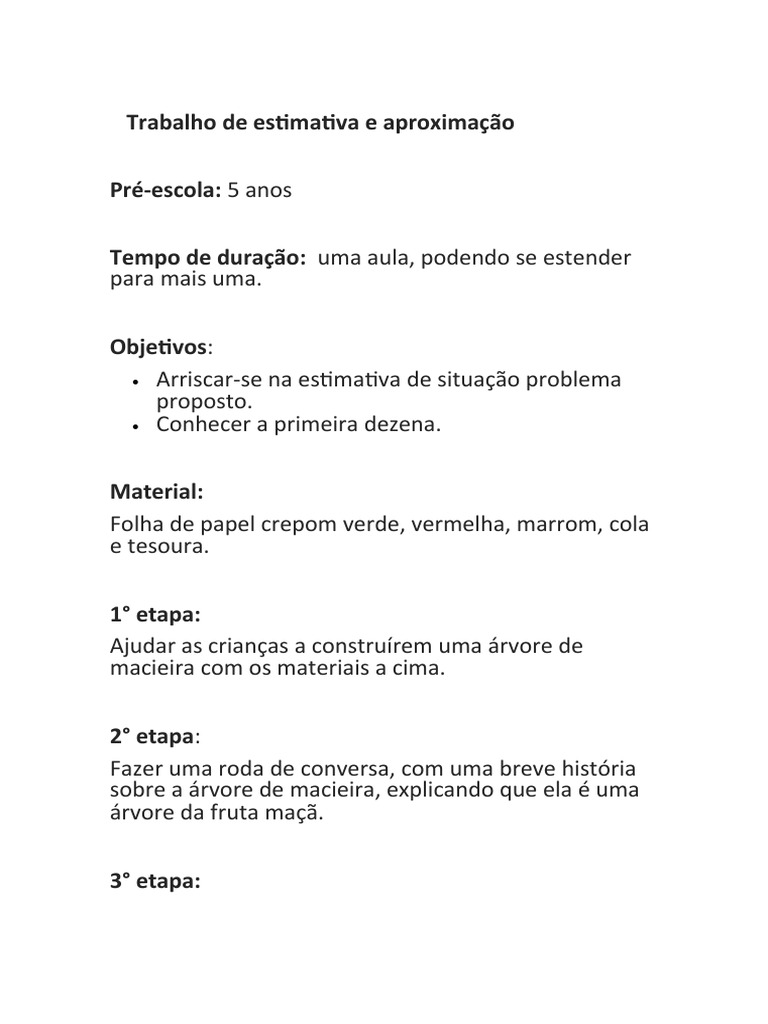 Trabalho de estimativa e aproxima o pr escola 5 anos tempo de