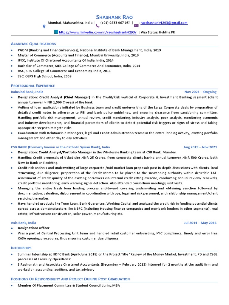 Shashank Rao CV - Canada Format | Download Free PDF | Loans | Banks