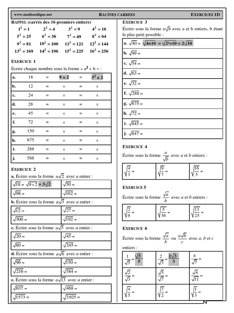 Chap 12 - Ex 1D - Simplifications D'écritures Avec Les Racines Carrées ...