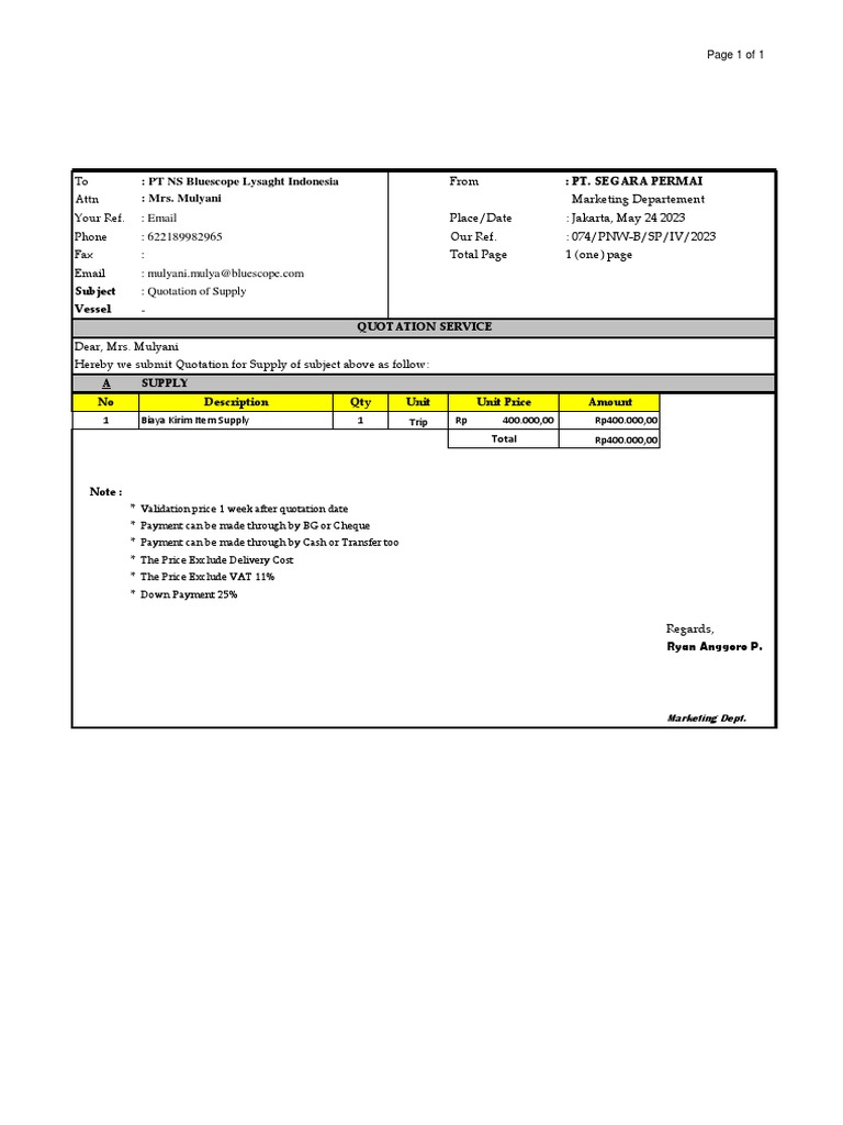 Quotation for Supply Vessel Services | PDF