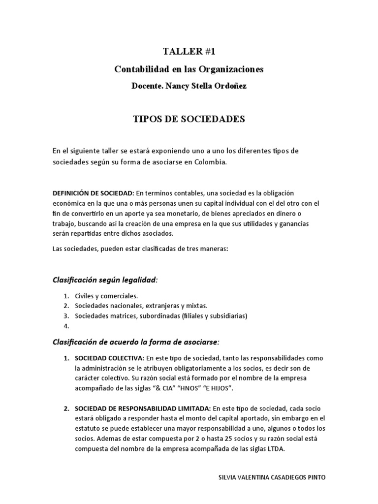 Taller Tipos de Sociedad y Empresa | PDF | Sociedad | Economias