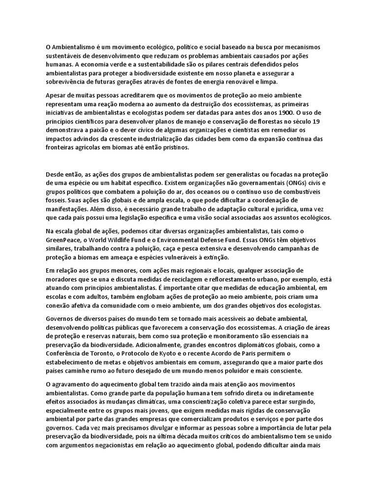 Ambientalismo | PDF | Movimento ambientalista | Sustentabilidade