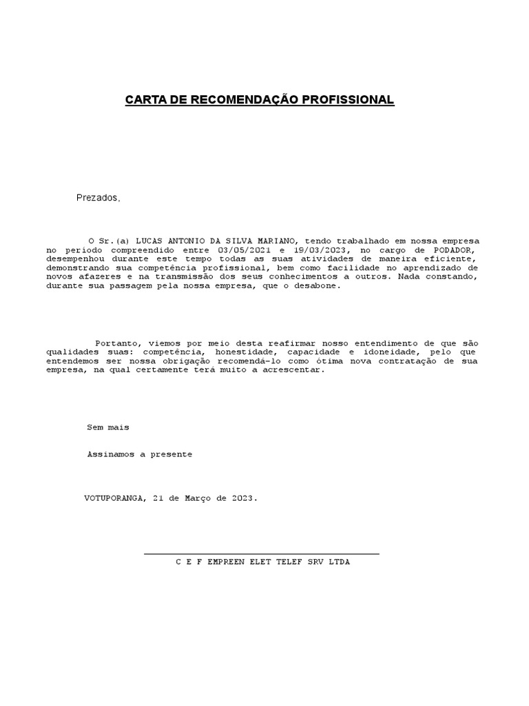Carta de Recomendação Profissional | PDF