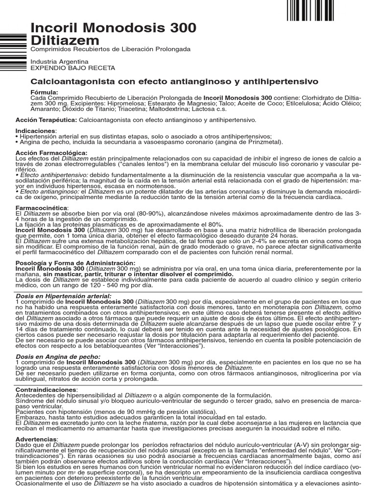 Incoril Monodosis 300: Diltiazem 300 mg | PDF | Medicamentos con receta ...