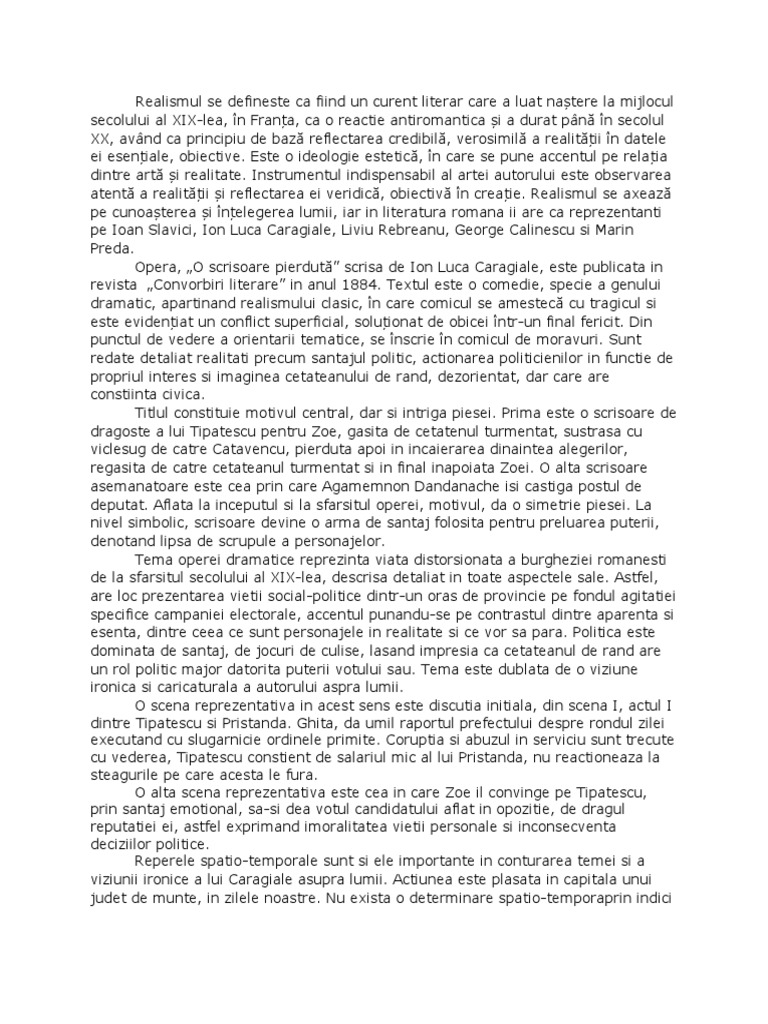 O Scrisoare Pierduta Modul Din Care Se Reflecta O Tema O Scrisoare Pierduta | PDF