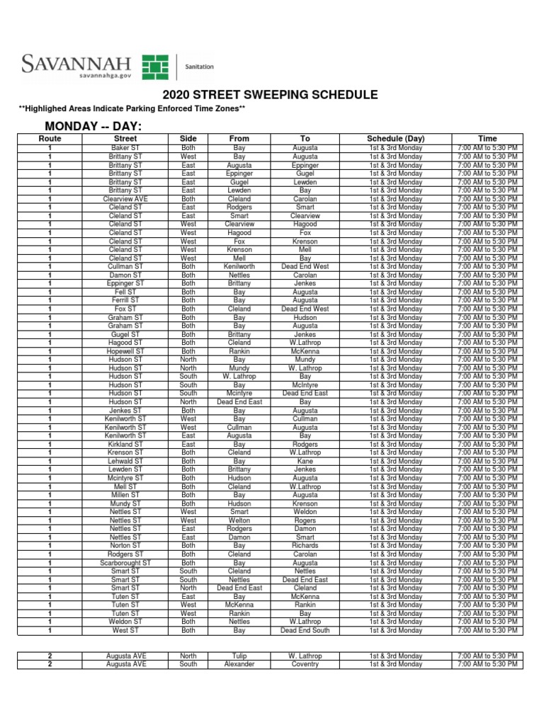 2020 Street Sweeping Schedule PDF
