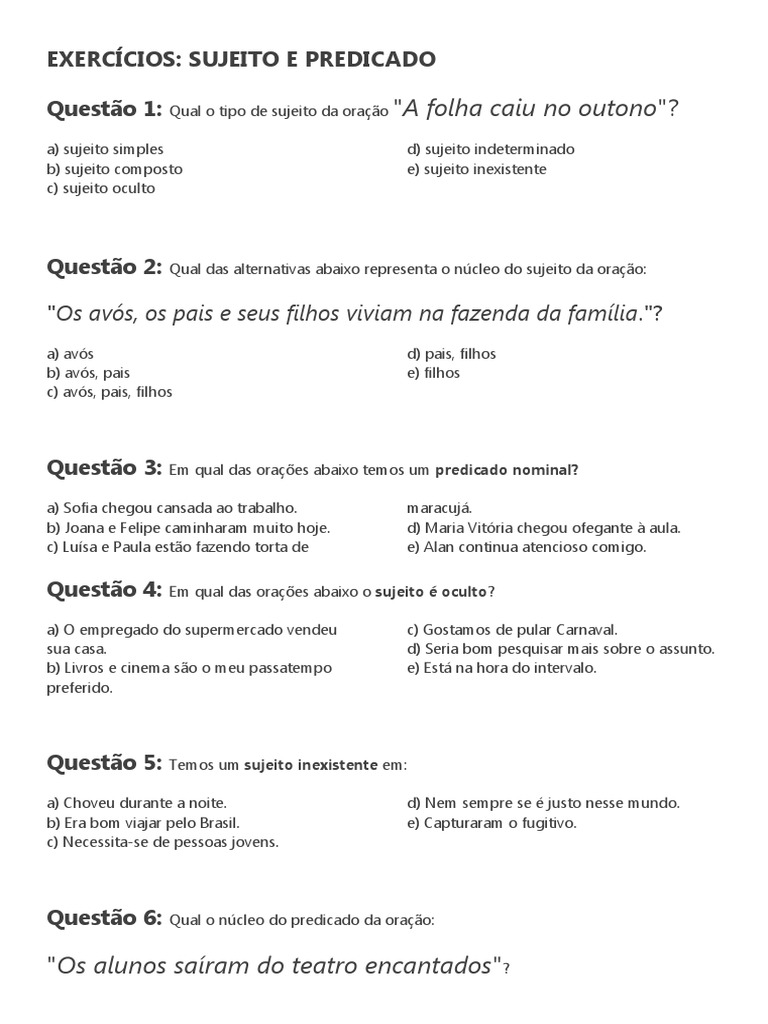 Exercícios Sujeito e Predicado | PDF