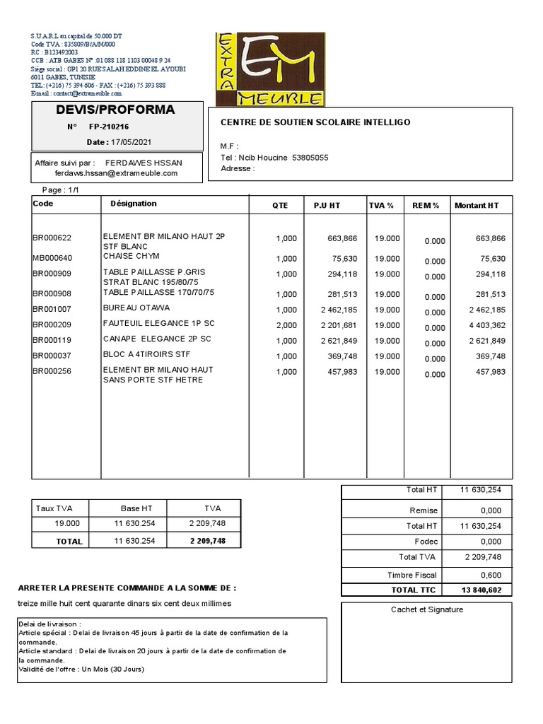 Devis Proforma pour Mobilier Scolaire | PDF | Impôts | Jargon d'entreprise