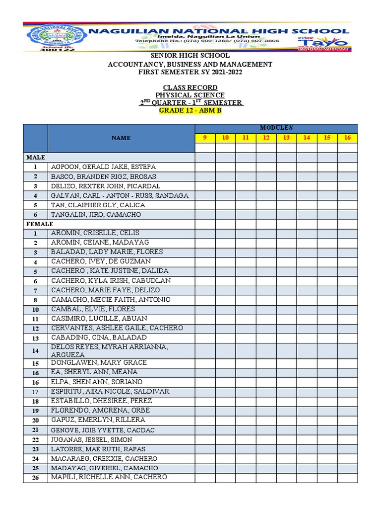 12 AbmB Phy Sci Class Record PDF