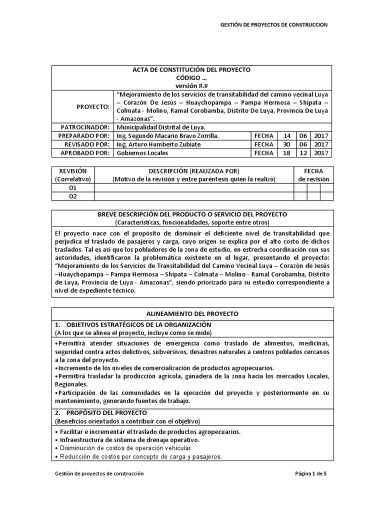 Modelo Acta de Constitucion Del Proyecto | PDF | Infraestructura ...