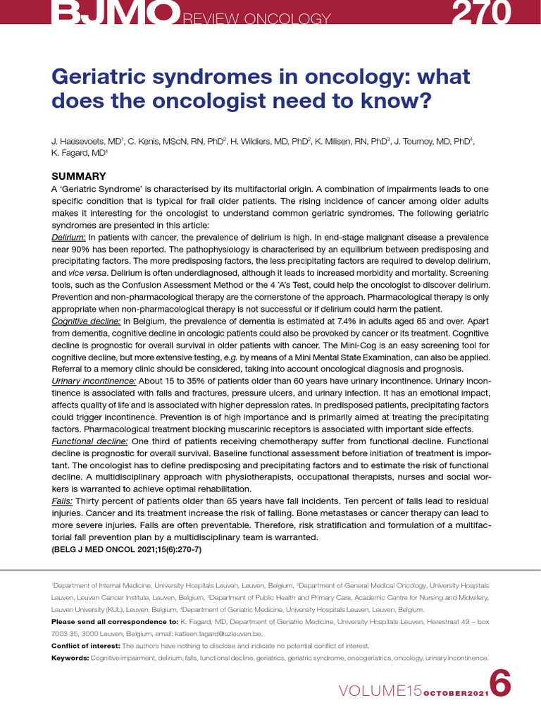 2021 BJMO Geriatric Syndromes in Oncology PDF Geriatrics Urinary