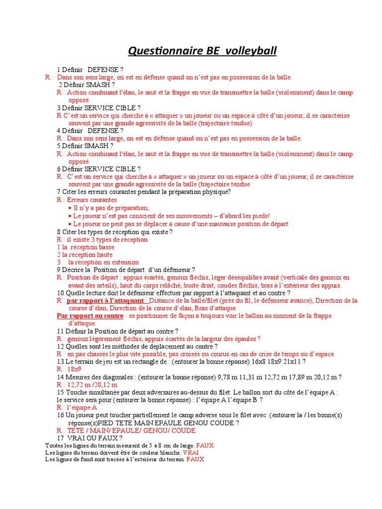Questionnaire sur les fondamentaux du volley | PDF | Volley-ball ...