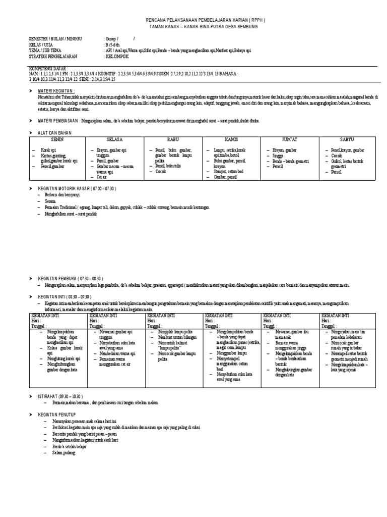 RPPH Taman Kanak-Kanak: Tema Api | PDF