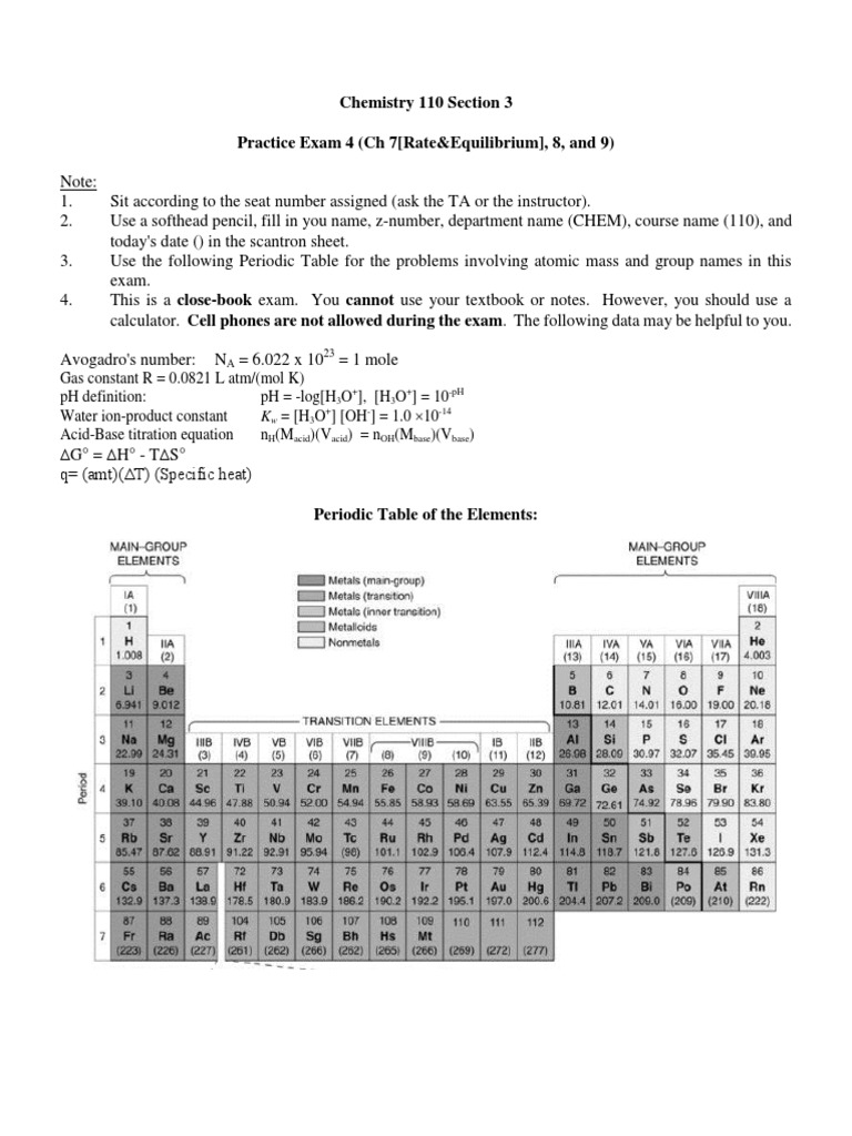 CHEM110 Practice Exam 4 Key | PDF | Chemical Reactions | Acid