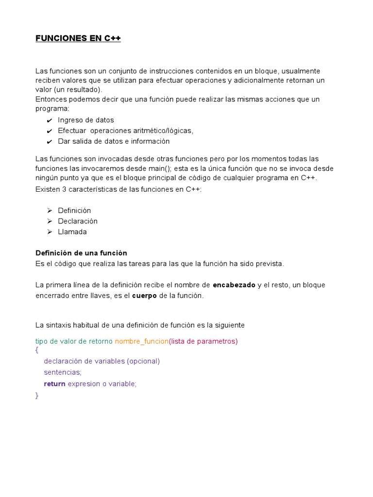 Funciones en C++: Definición y Uso | PDF | Métodos y materiales de ...