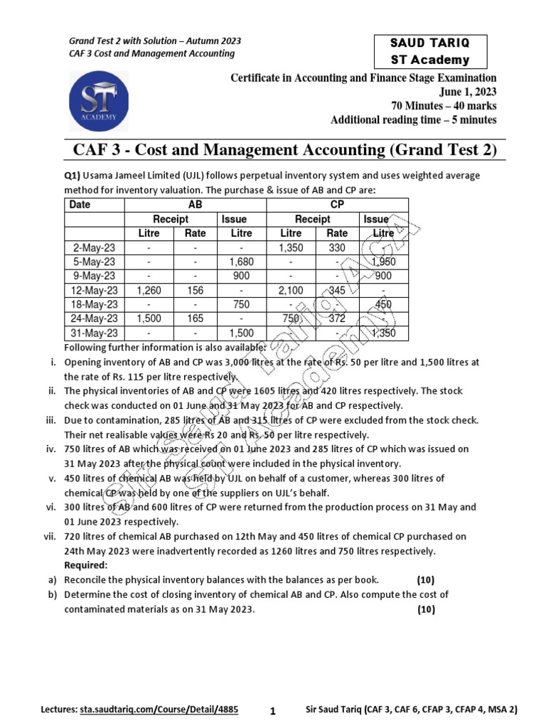 CAF 3 CMA Grand Test 2 With Solution A23 ST Academy | PDF | Net Income ...