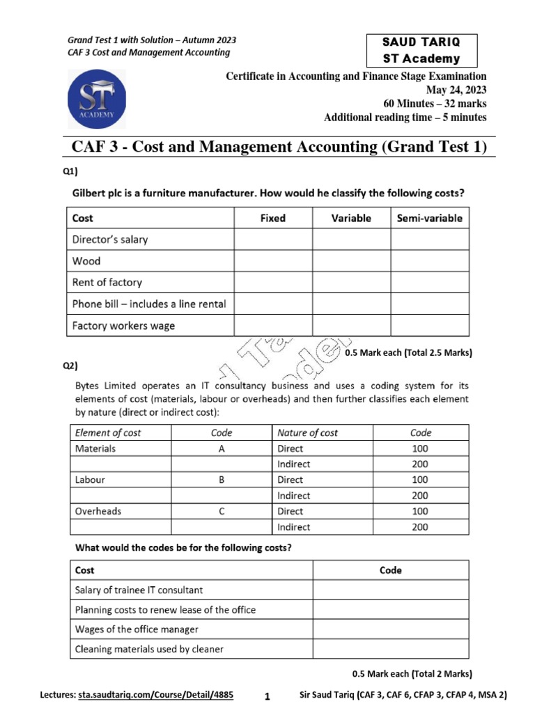 CAF 3 Cost Accounting Grand Test 2023 | PDF | Management Accounting ...