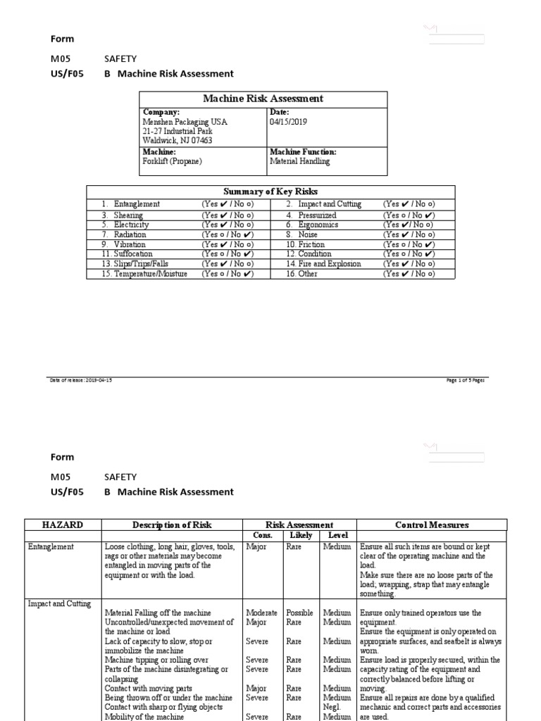 F05 Machine Risk Assessment Forklift PDF