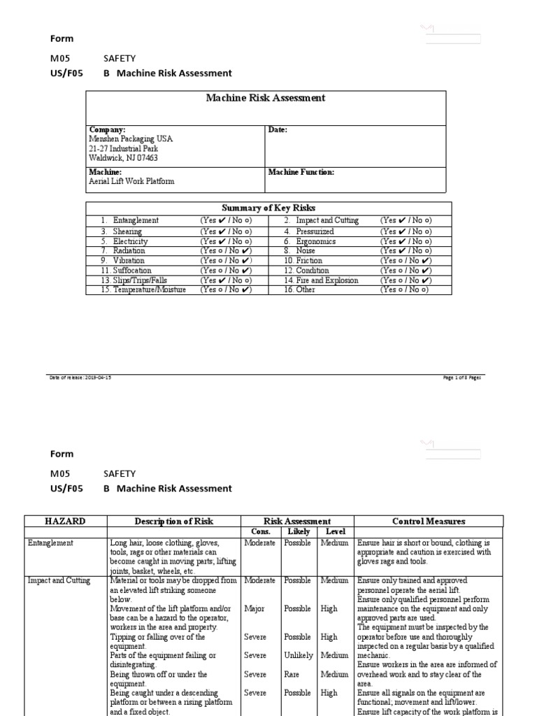F05 Machine Risk Assessment Aerial Lift PDF Elevator Risk