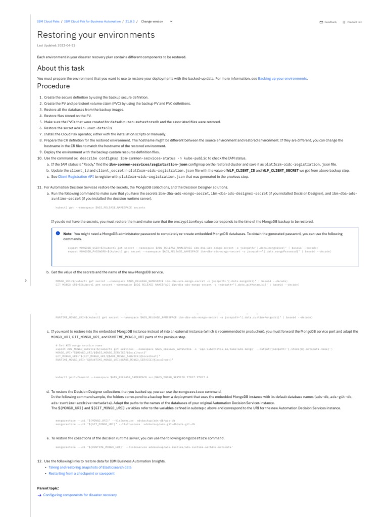 Restoring Your Environments - IBM Documentation Notes | PDF