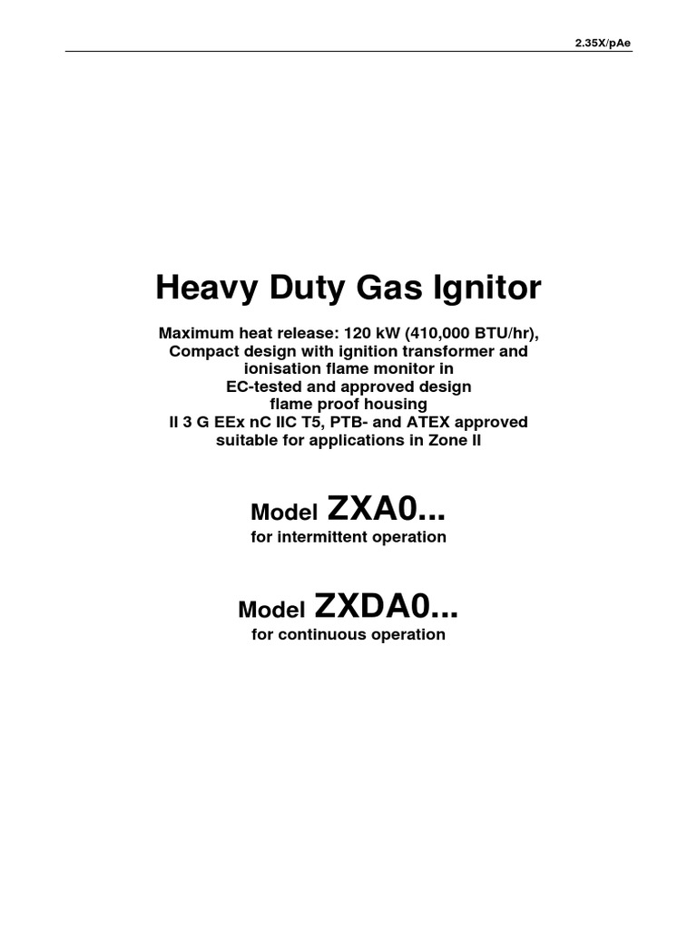 Heavy Duty Gas Ignitor ZXA0/ZXDA0 Specs | PDF