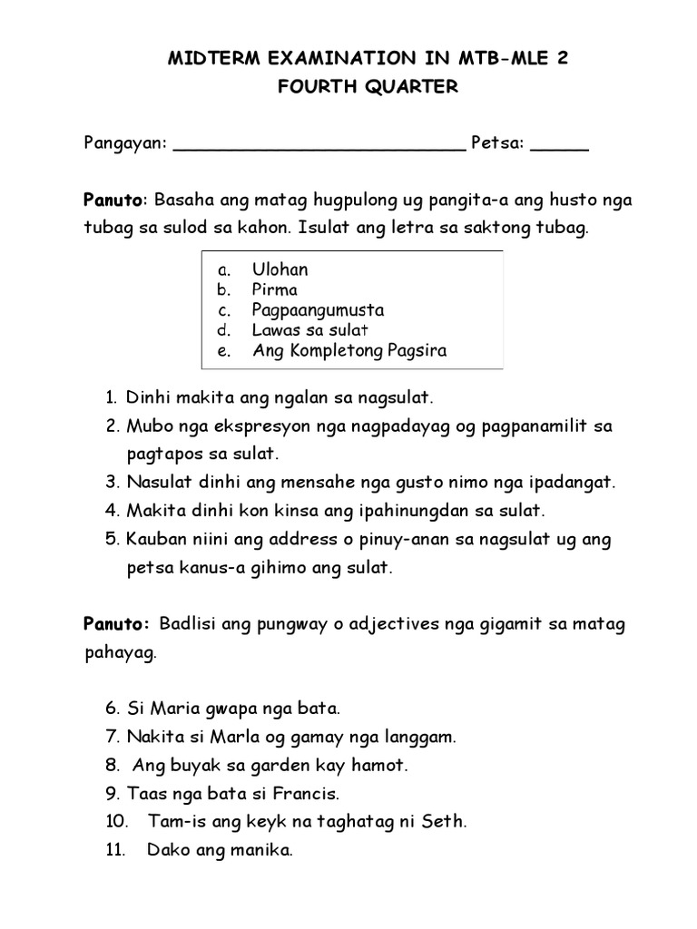Q4 Midterm Examination in Mtb-Mle 2 | PDF