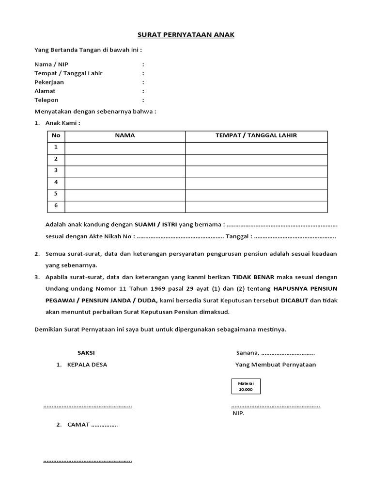 Surat Pernyataan Anak | PDF