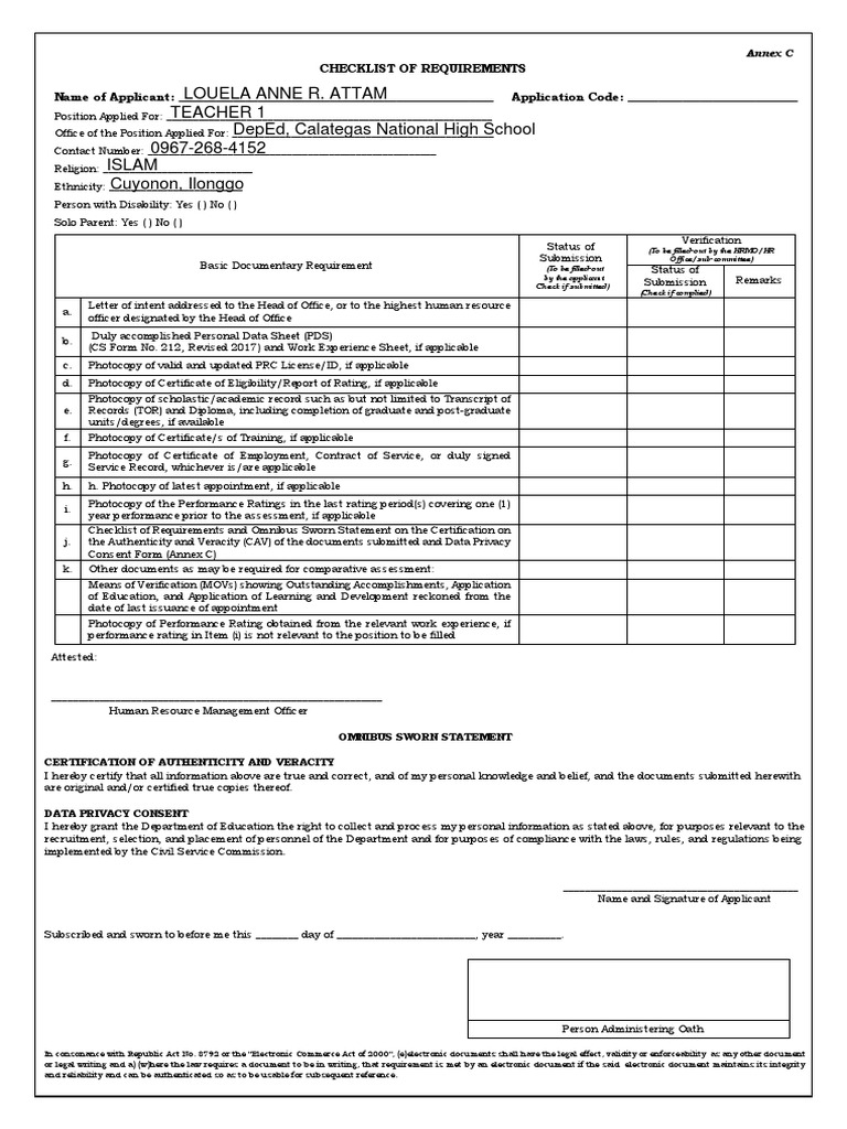 ANNEX C Checklist of Requirements and Omnibus Sworn Statement | PDF ...