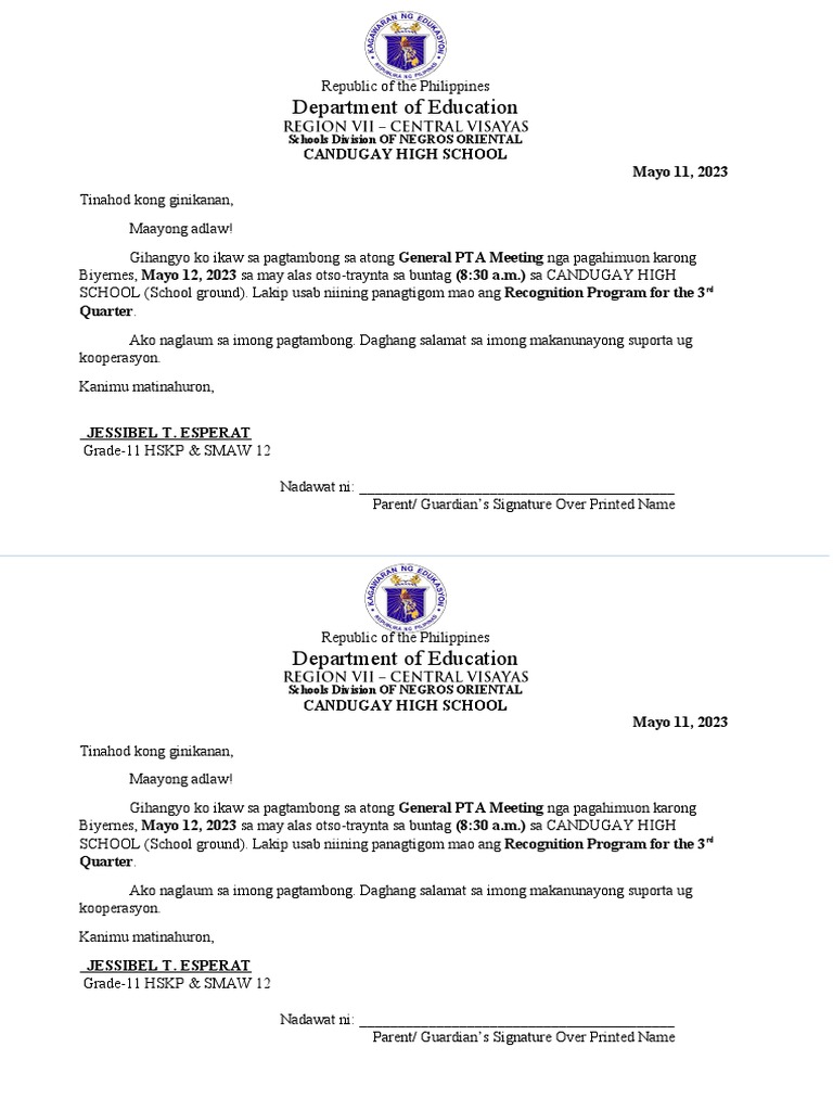 Letter To Parents | PDF