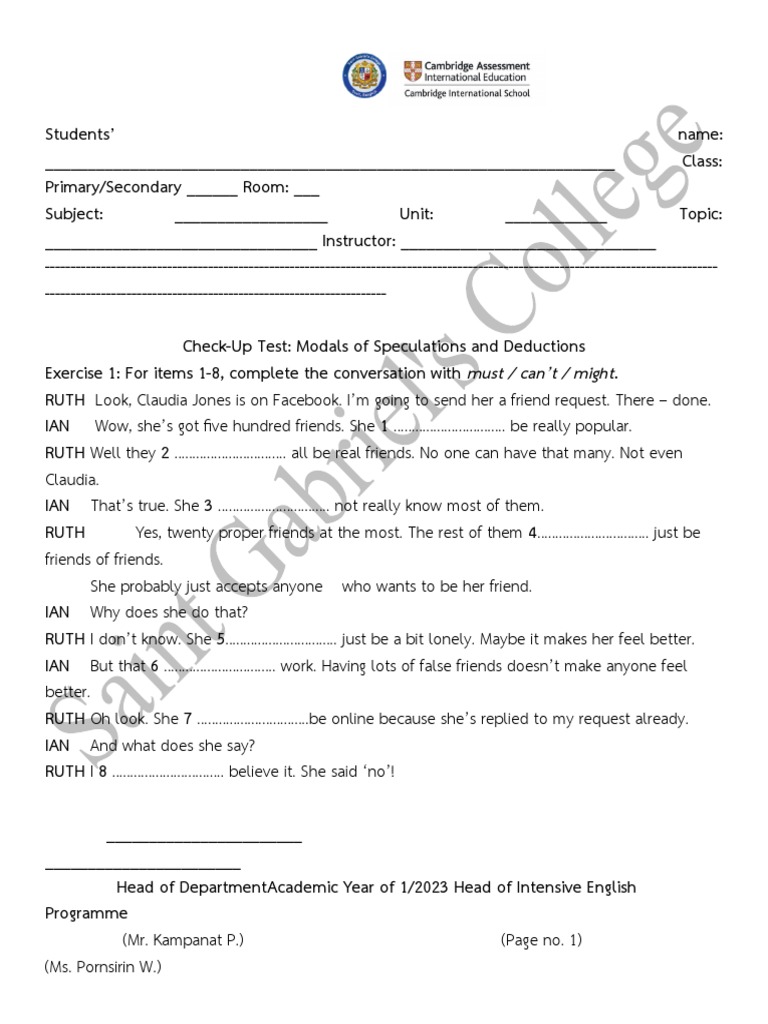 Worksheet 1 Modals of Speculations and Deductions PDF