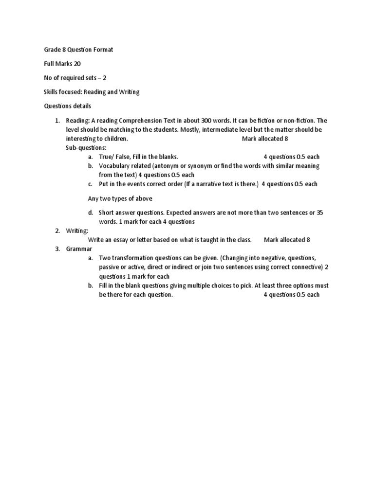 Grade 8 English Exam Format Overview | PDF