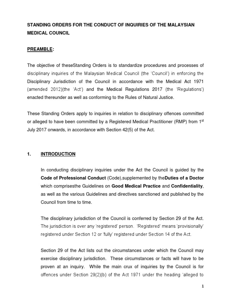 Standing Orders For The Conduct of Inquiries of The Malaysian Medical