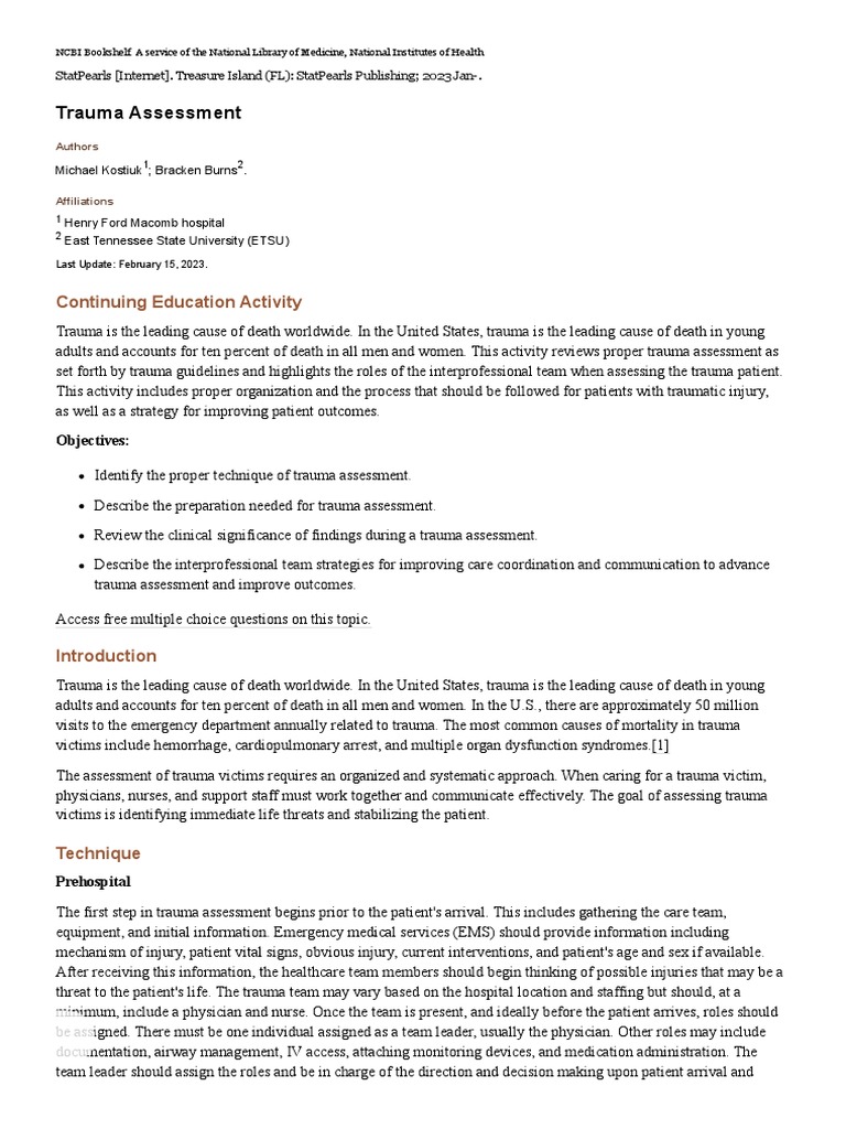 Trauma Assessment - StatPearls - NCBI Bookshelf | PDF