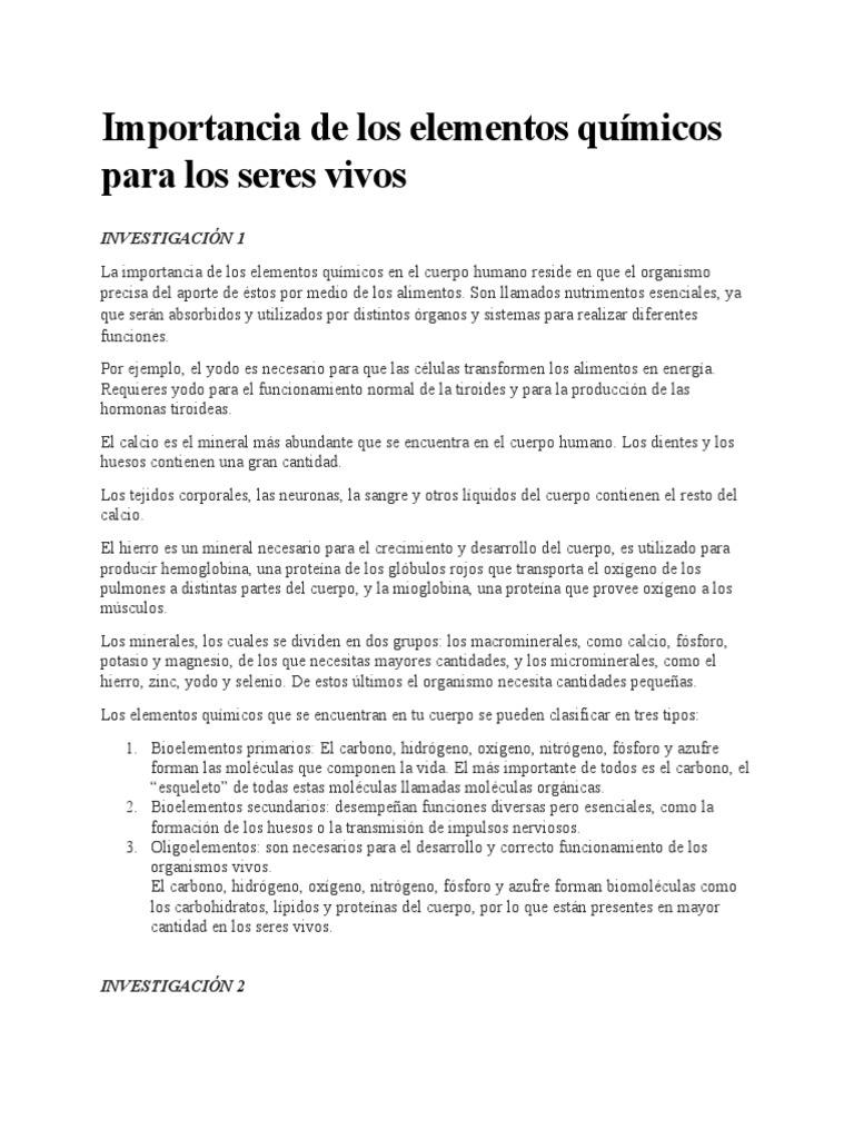 Importancia de Los Elementos Químicos para Los Seres Vivos | PDF ...