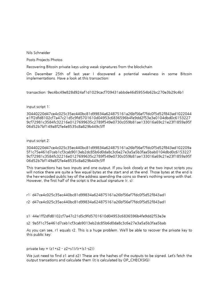 Recovering Bitcoin Private Keys Using Repeating R Values | PDF | Bitcoin |  Security