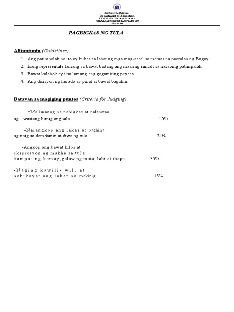 Criteria for Tula Contest in Tagalog | PDF
