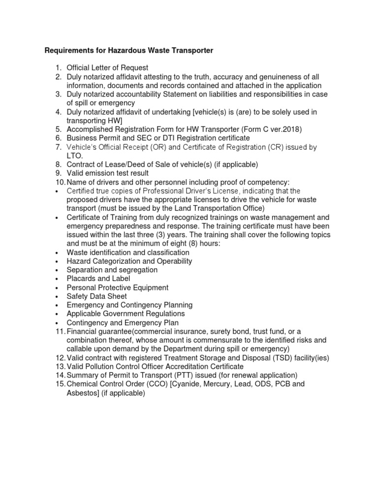 EMB Requirements For Hazardous Waste Transporter Registration PDF