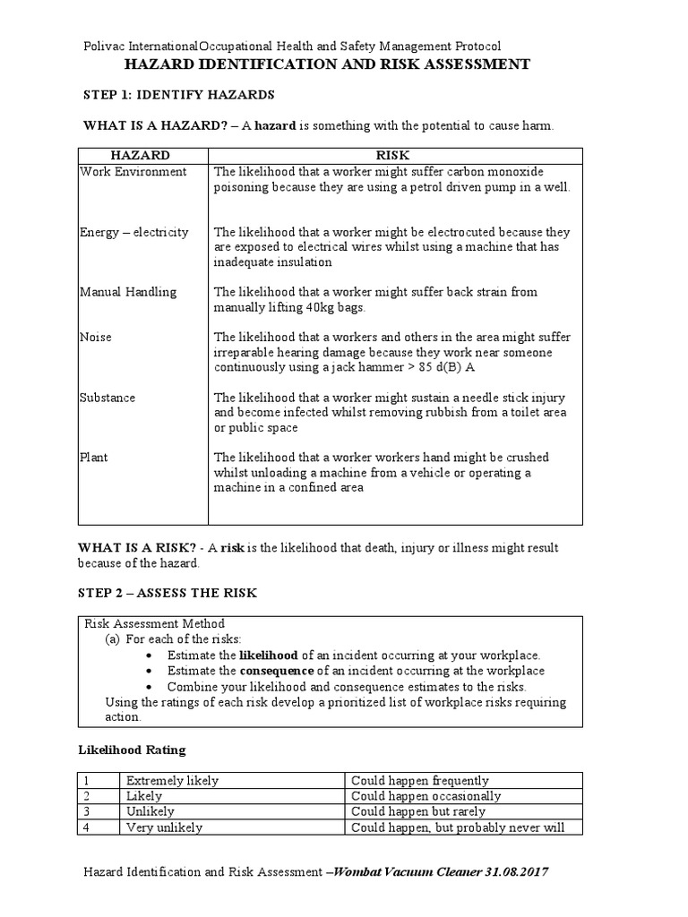 Hazard Identification Wombat Vacuum Cleaner PDF Risk Hazards