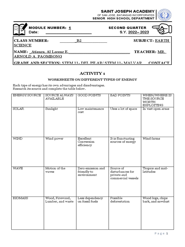 Energy Resources Activity Worksheet Grade 11 Stem Del Pilar Stem